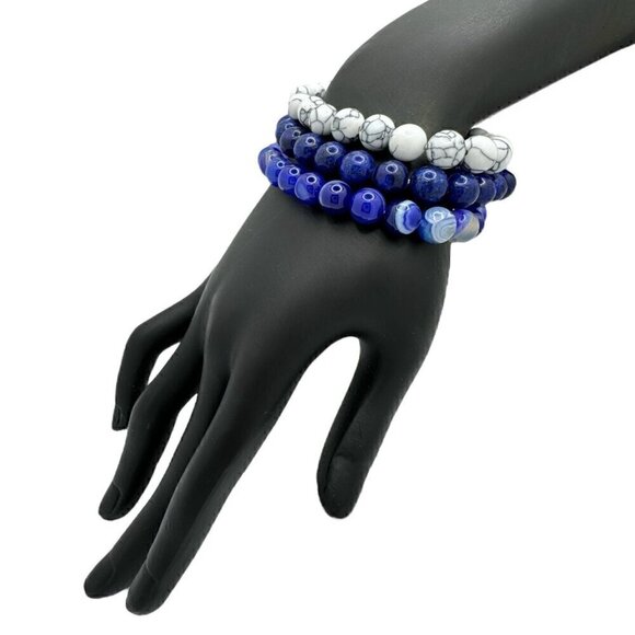 NWT Beaded Stretch Bracelets Set 3PCs Lapis Lazuli White Turquoise Agate - Picture 3 of 8